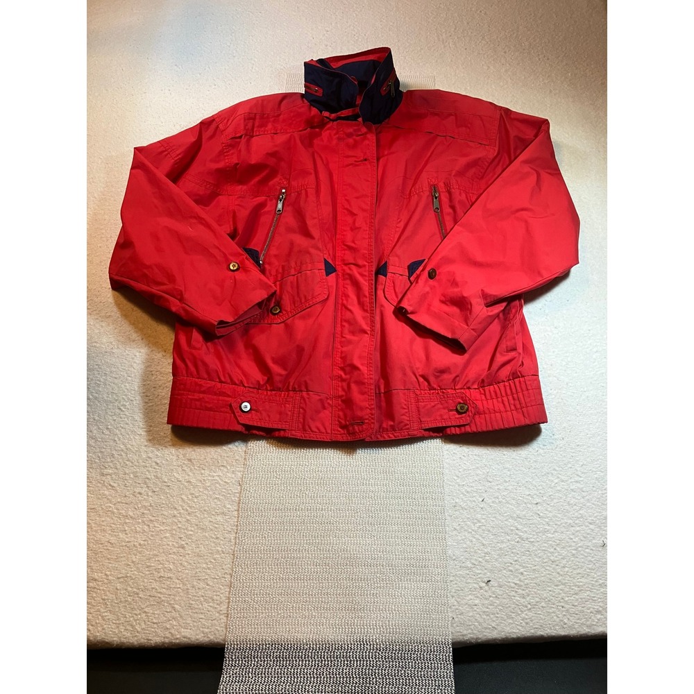 Vintage London Fog Red Utility Jacket Mens L Uninsulated Windbreaker Navy‎ Trim